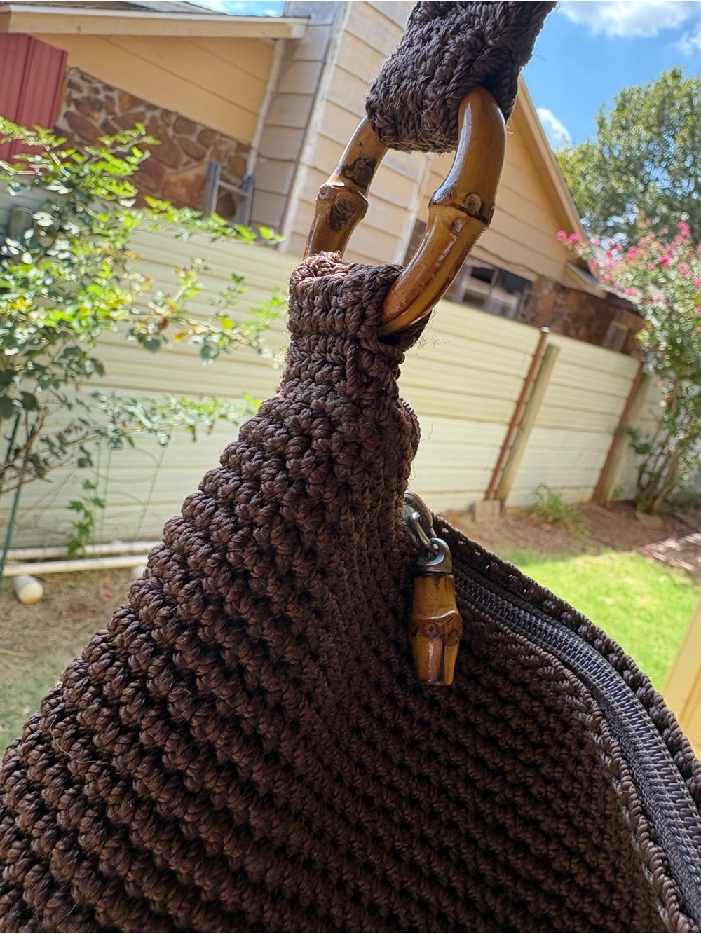 The Sak Brown Crochet Hobo Shoulder Bag Bamboo Handles Zip Top Purse - Picture 3 of 7
